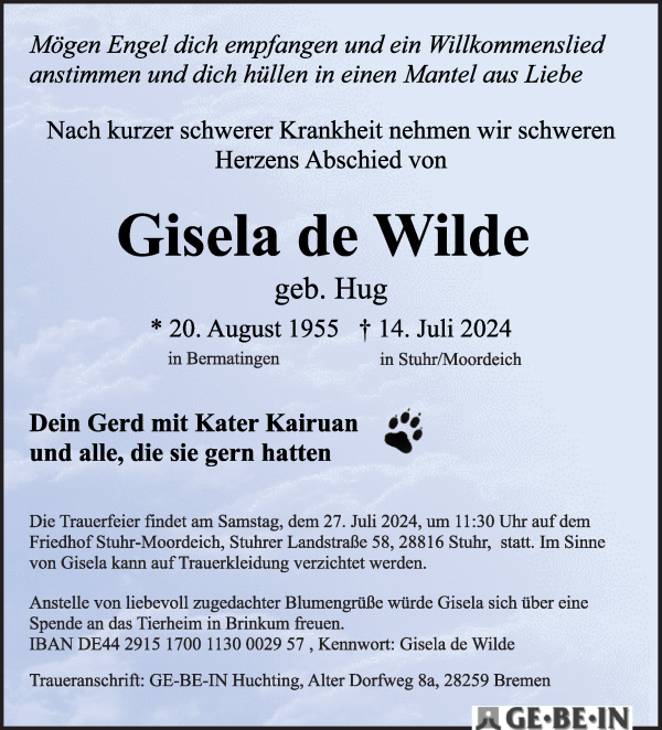 Traueranzeige von Gisela de Wilde von WESER-KURIER