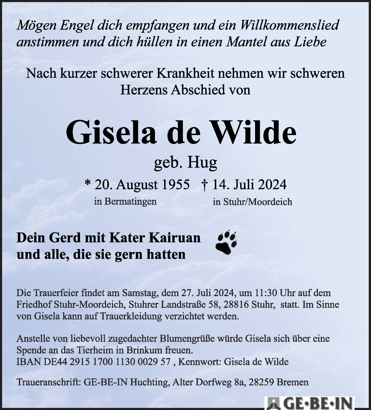  Traueranzeige für Gisela de Wilde vom 20.07.2024 aus WESER-KURIER