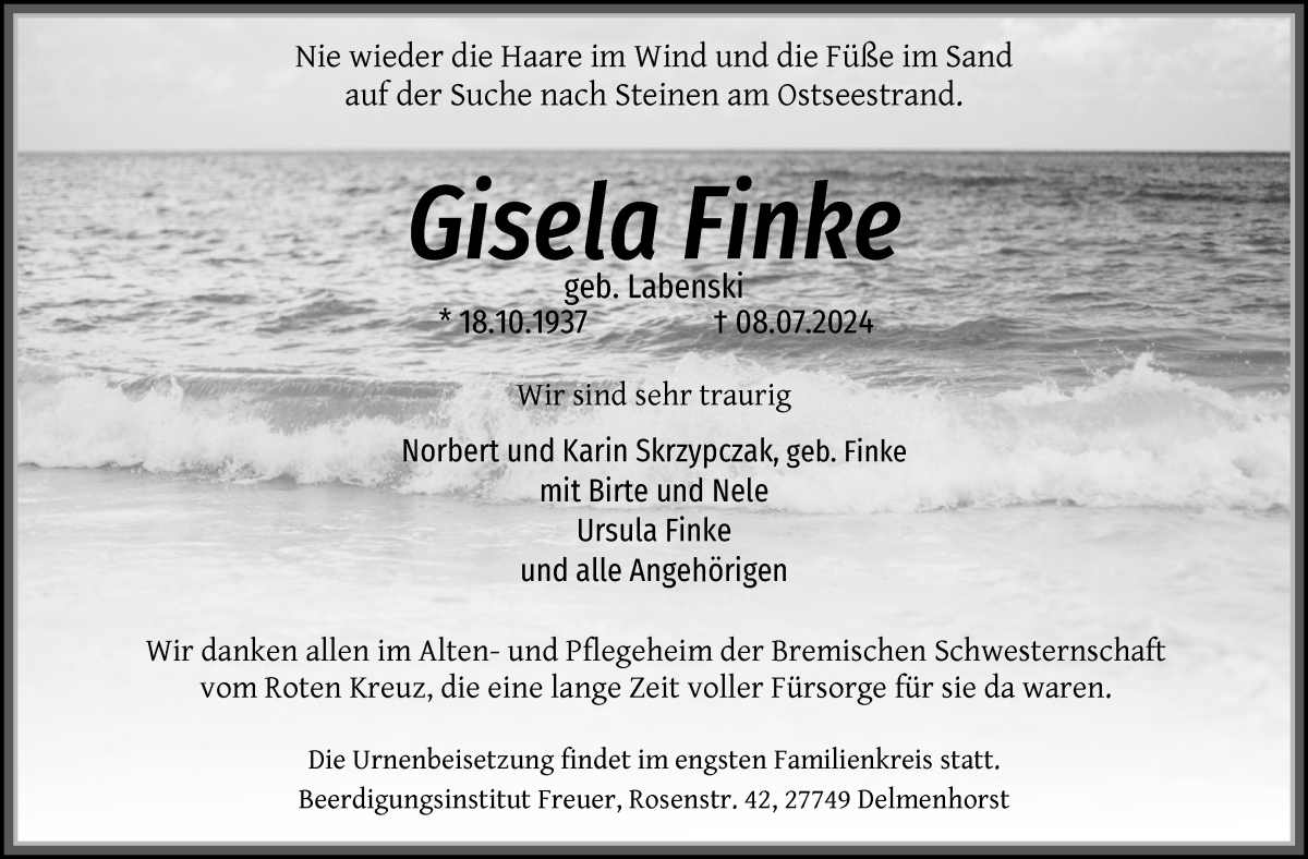 Traueranzeige von Gisela Finke von WESER-KURIER