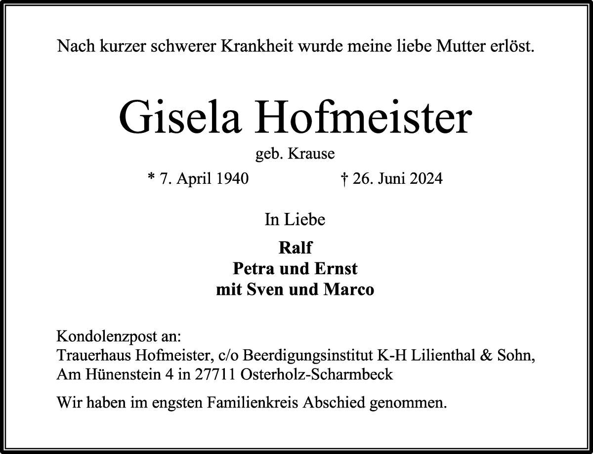 Traueranzeige von Gisela Hofmeister von Osterholzer Kreisblatt