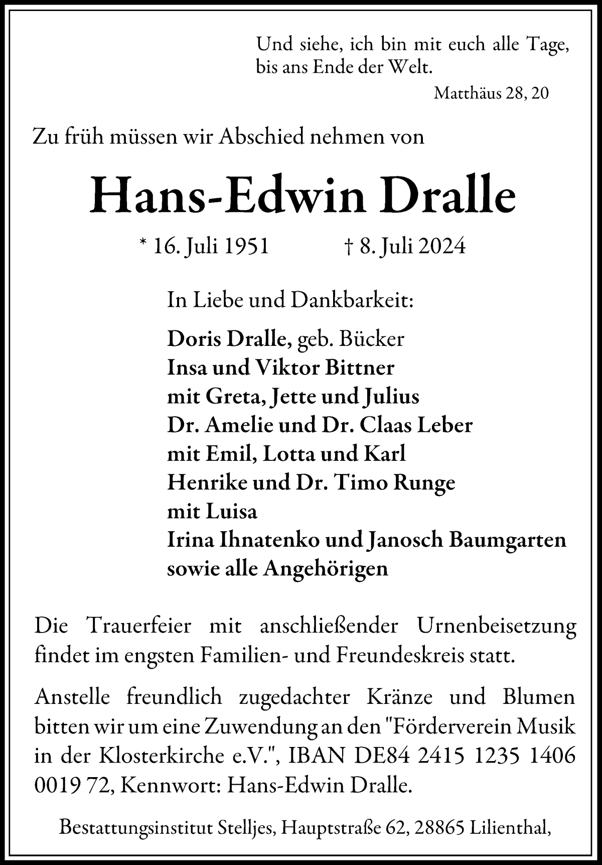 Traueranzeige von Hans-Edwin Dralle von Wuemme Zeitung