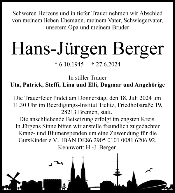 Traueranzeige von Hans-Jürgen Berger von WESER-KURIER