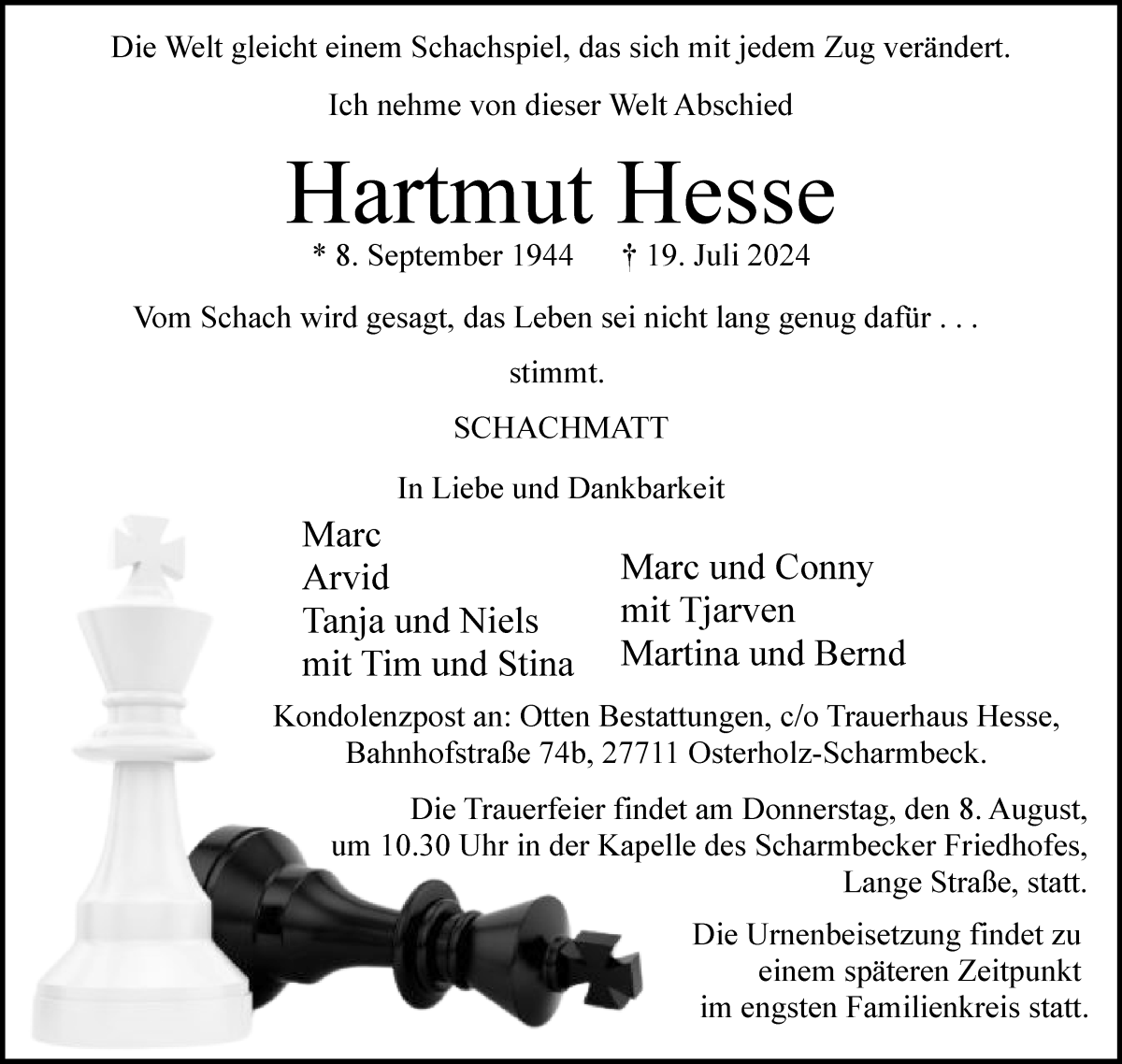 Traueranzeige von Hartmut Hesse von Osterholzer Kreisblatt