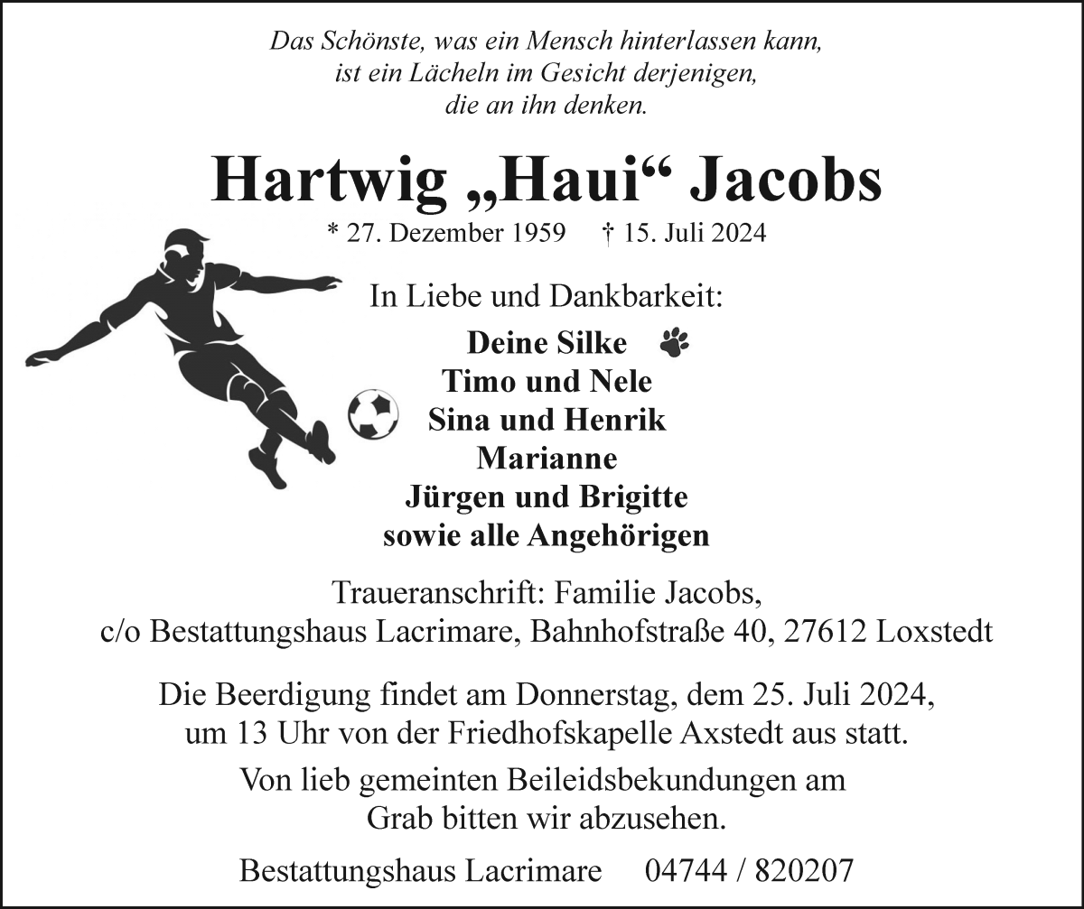 Traueranzeige von Hartwig „Haui“ Jacobs von Osterholzer Kreisblatt