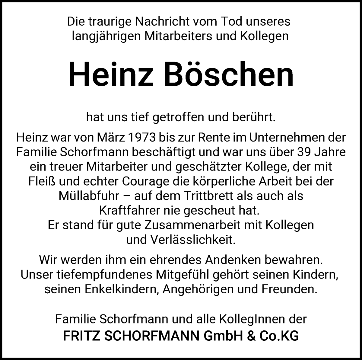 Traueranzeige von Heinz Böschen von Wuemme Zeitung