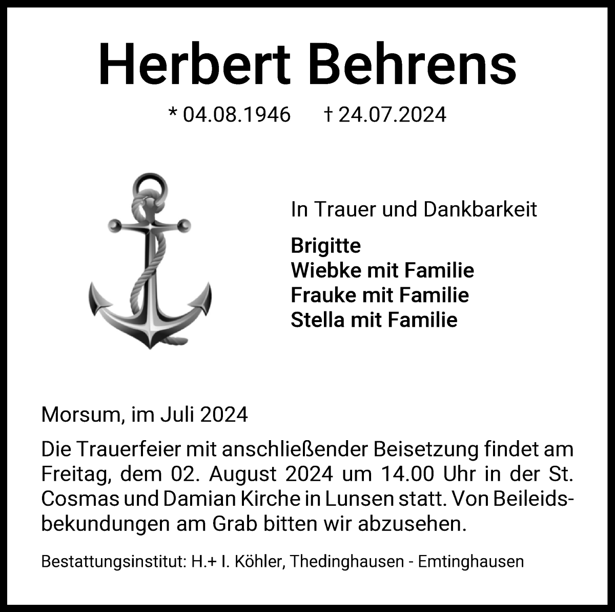 Traueranzeige von Herbert Behrens von Wuemme Zeitung