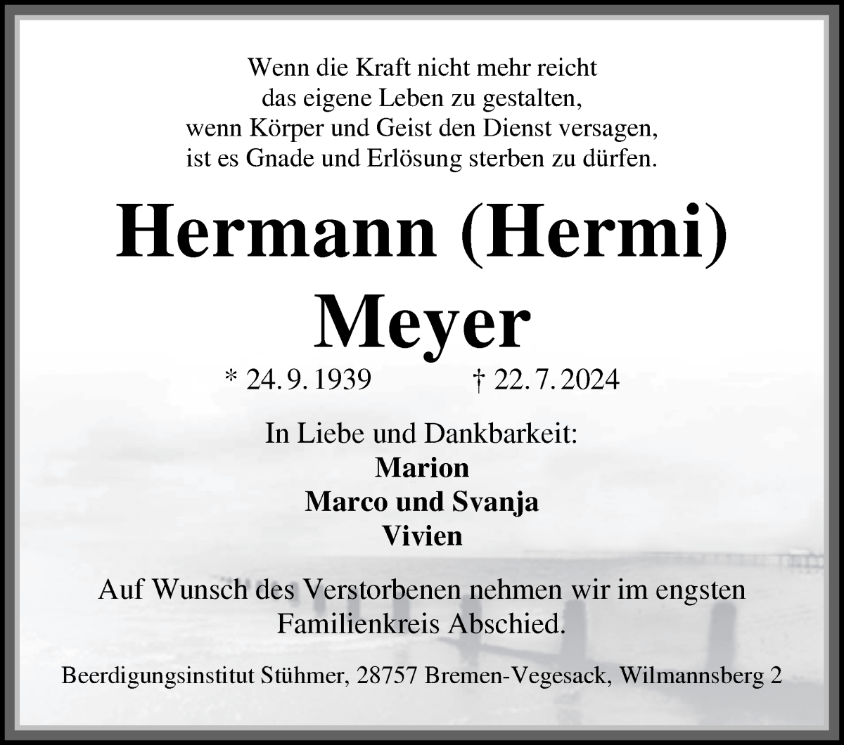 Traueranzeige von Hermann Meyer von Die Norddeutsche