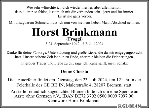 Traueranzeige von Horst Brinkmann von WESER-KURIER
