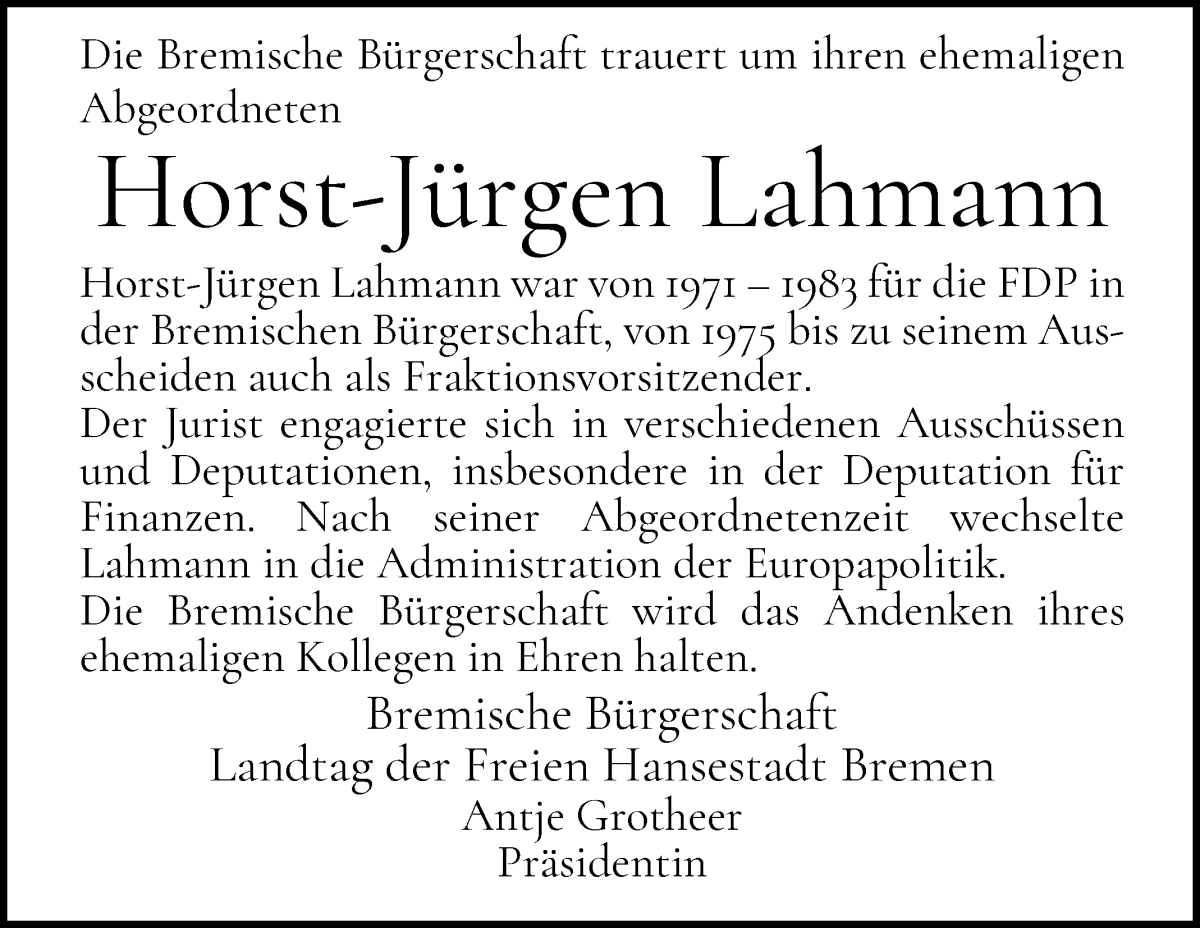 Traueranzeige von Horst-Jürgen Lahmann von WESER-KURIER