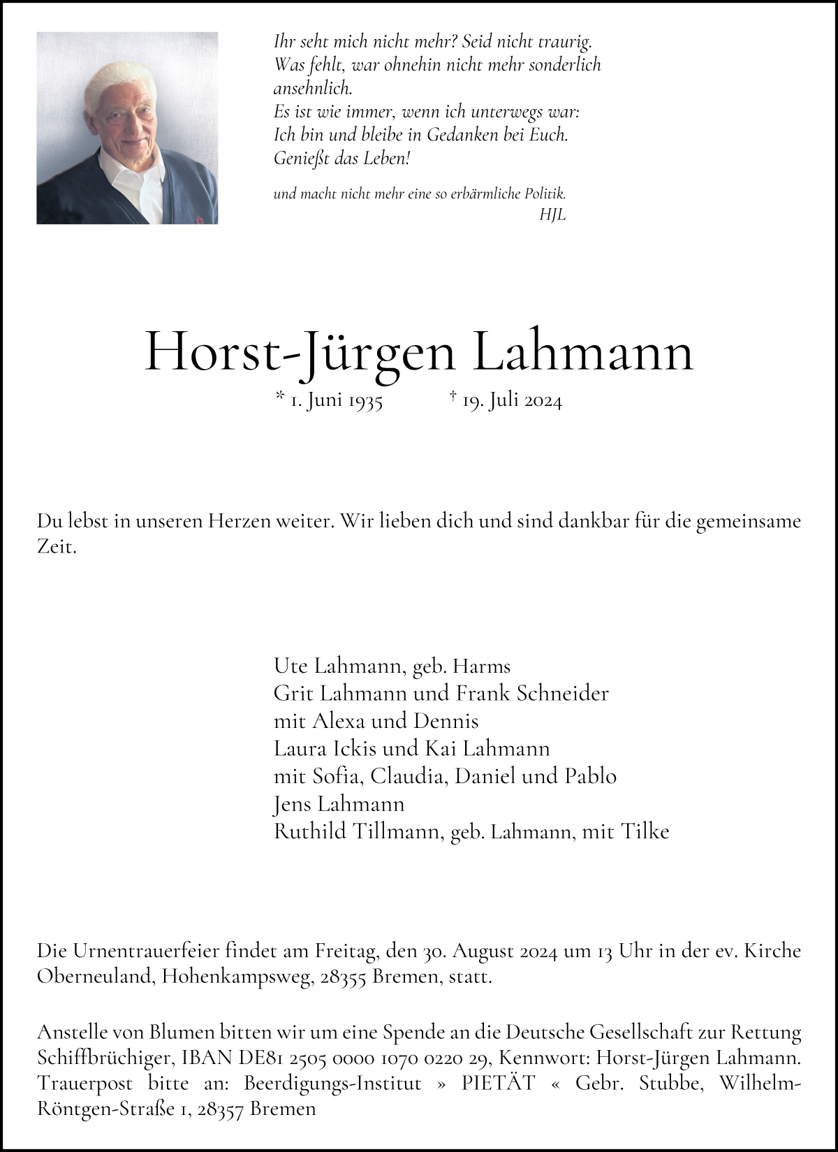 Traueranzeige von Horst-Jürgen Lahmann von WESER-KURIER