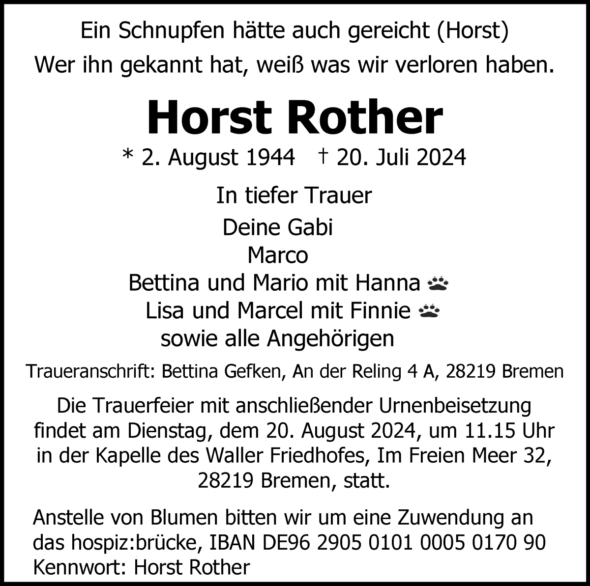 Traueranzeige von Horst Rother von WESER-KURIER