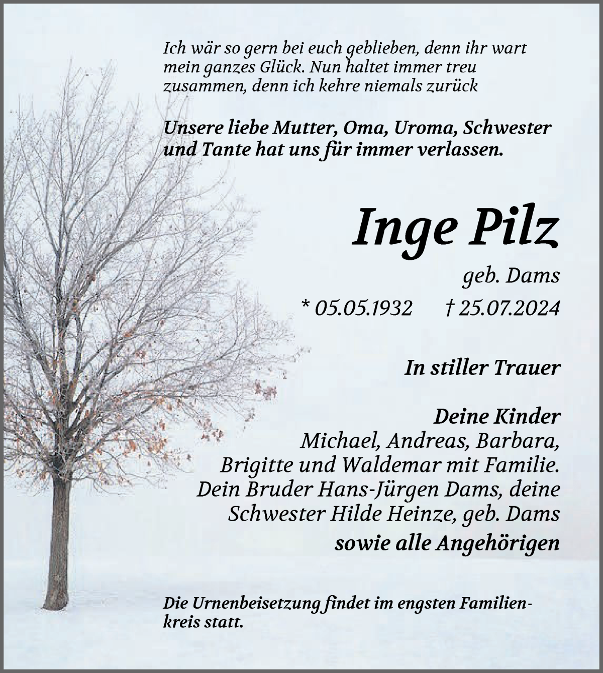 Traueranzeige von Inge Pilz von Die Norddeutsche
