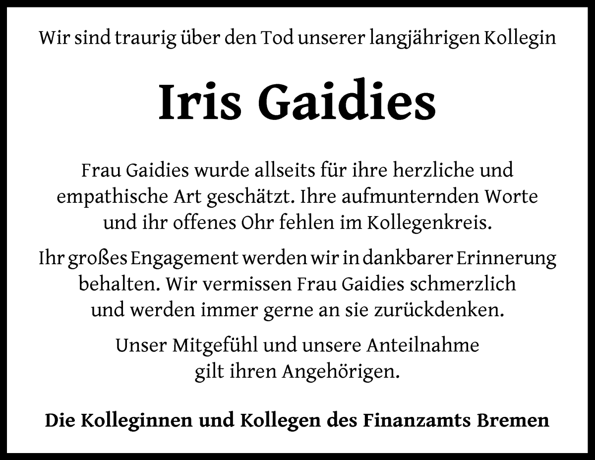  Traueranzeige für Iris Gaidies vom 06.07.2024 aus WESER-KURIER