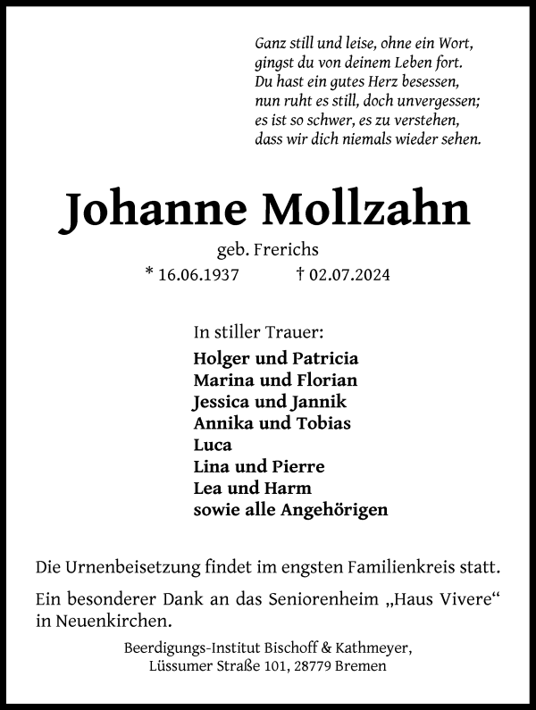 Traueranzeige von Johanne Mollzahn von Die Norddeutsche