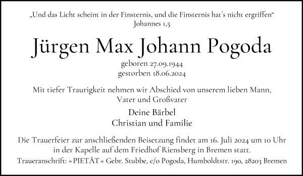 Traueranzeige von Jürgen Max Johann Pogoda von WESER-KURIER