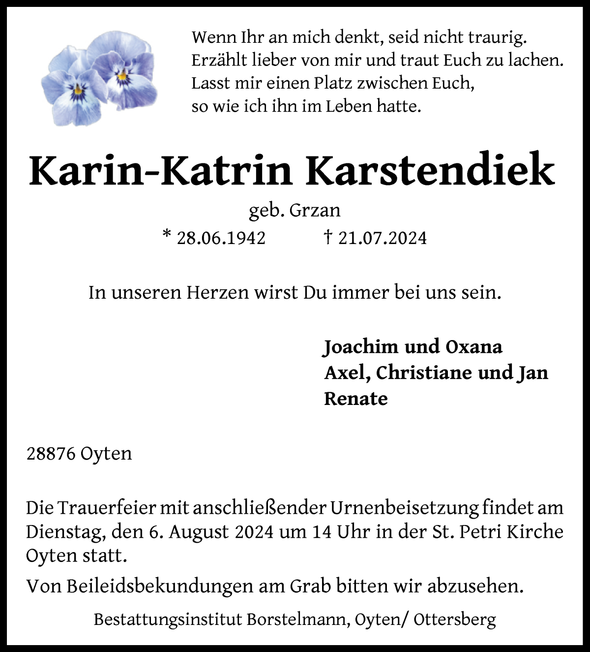 Traueranzeige von Karin-Katrin Karstendiek von WESER-KURIER