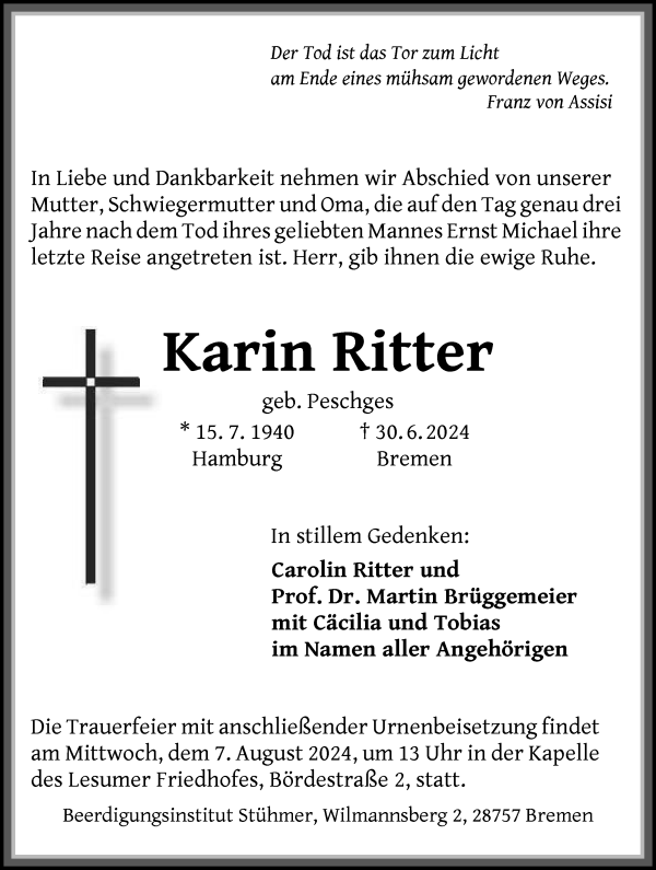 Traueranzeige von Karin Ritter von Die Norddeutsche