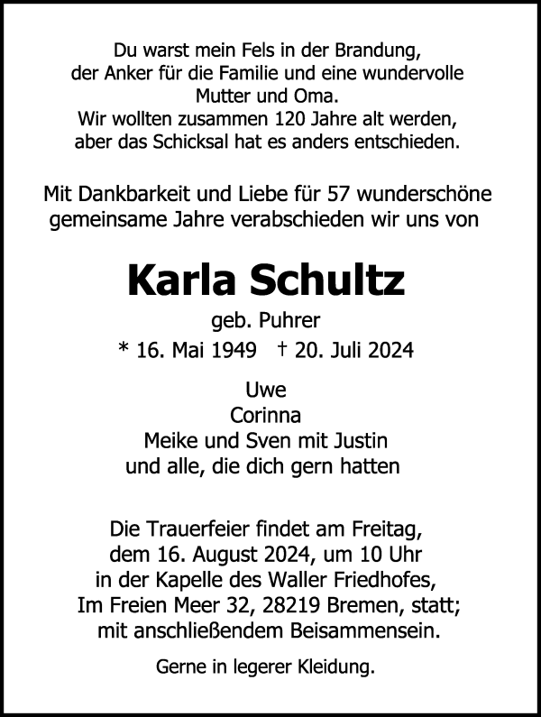 Traueranzeige von Karla Schultz von WESER-KURIER