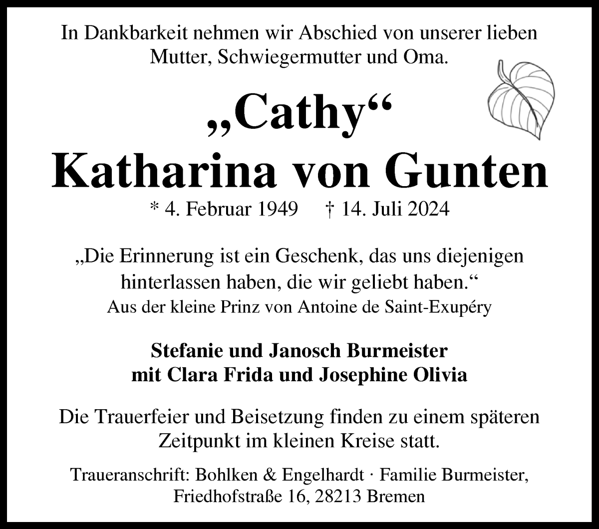 Traueranzeige von Katharina von Gunten von WESER-KURIER