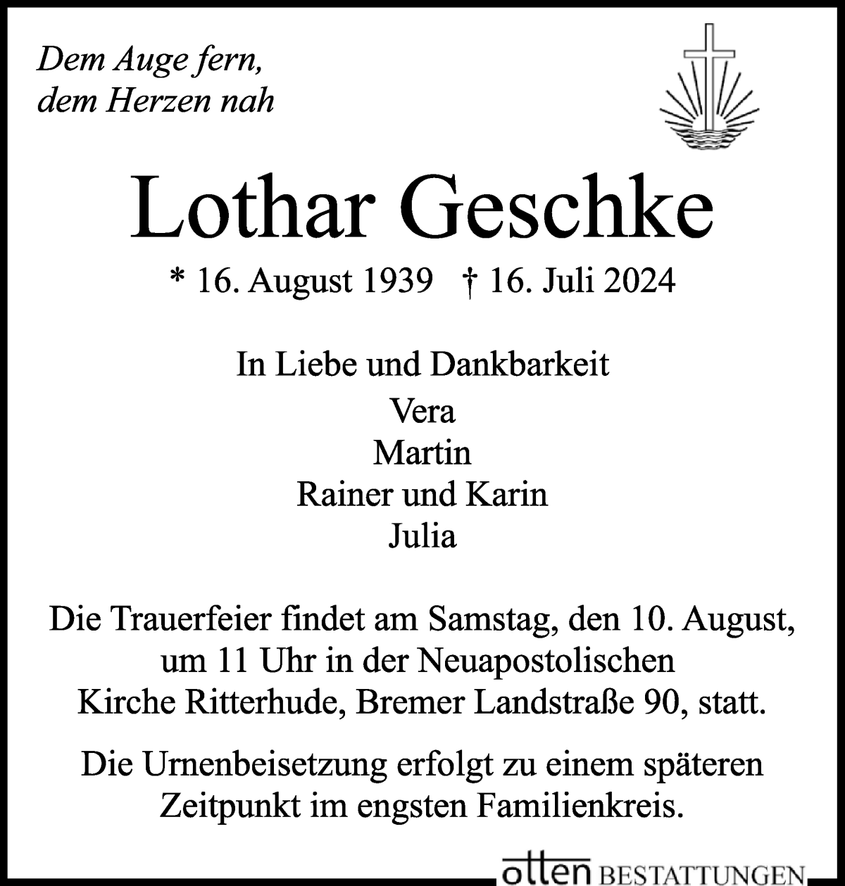 Traueranzeige von Lothar Geschke von Osterholzer Kreisblatt