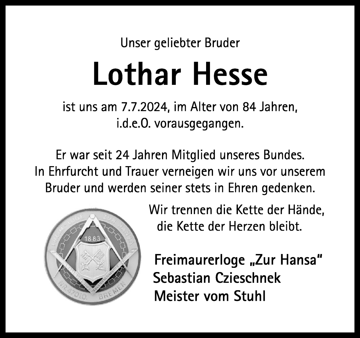 Traueranzeige von Lothar Hesse von WESER-KURIER