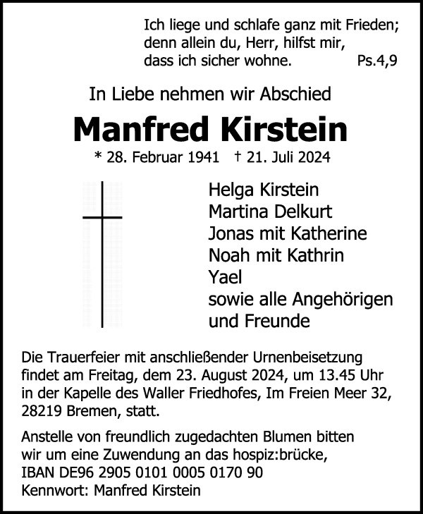 Traueranzeige von Manfred Kirstein von WESER-KURIER