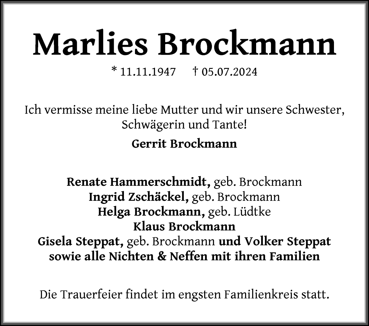 Traueranzeige von Marlies Brockmann von WESER-KURIER