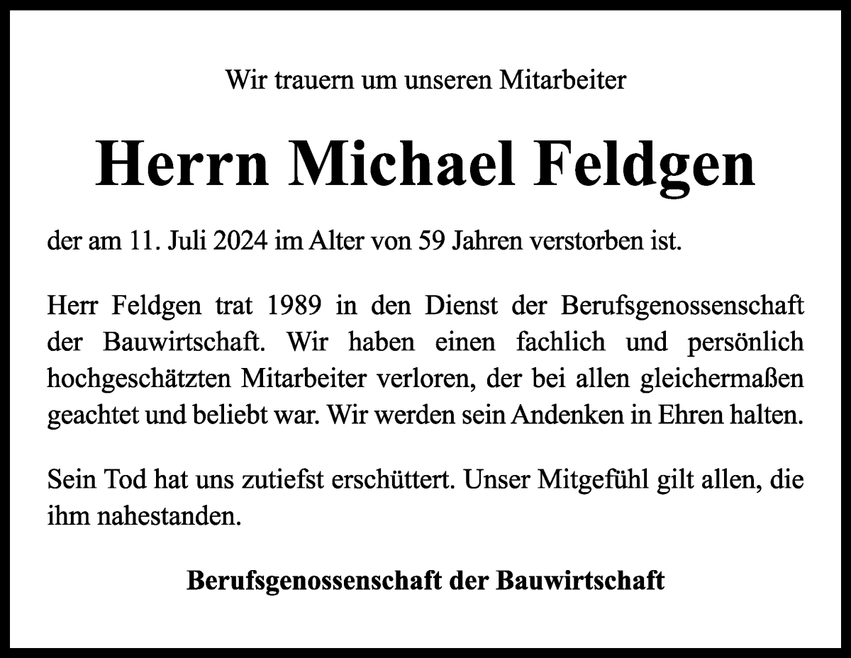  Traueranzeige für Michael Feldgen vom 24.07.2024 aus WESER-KURIER