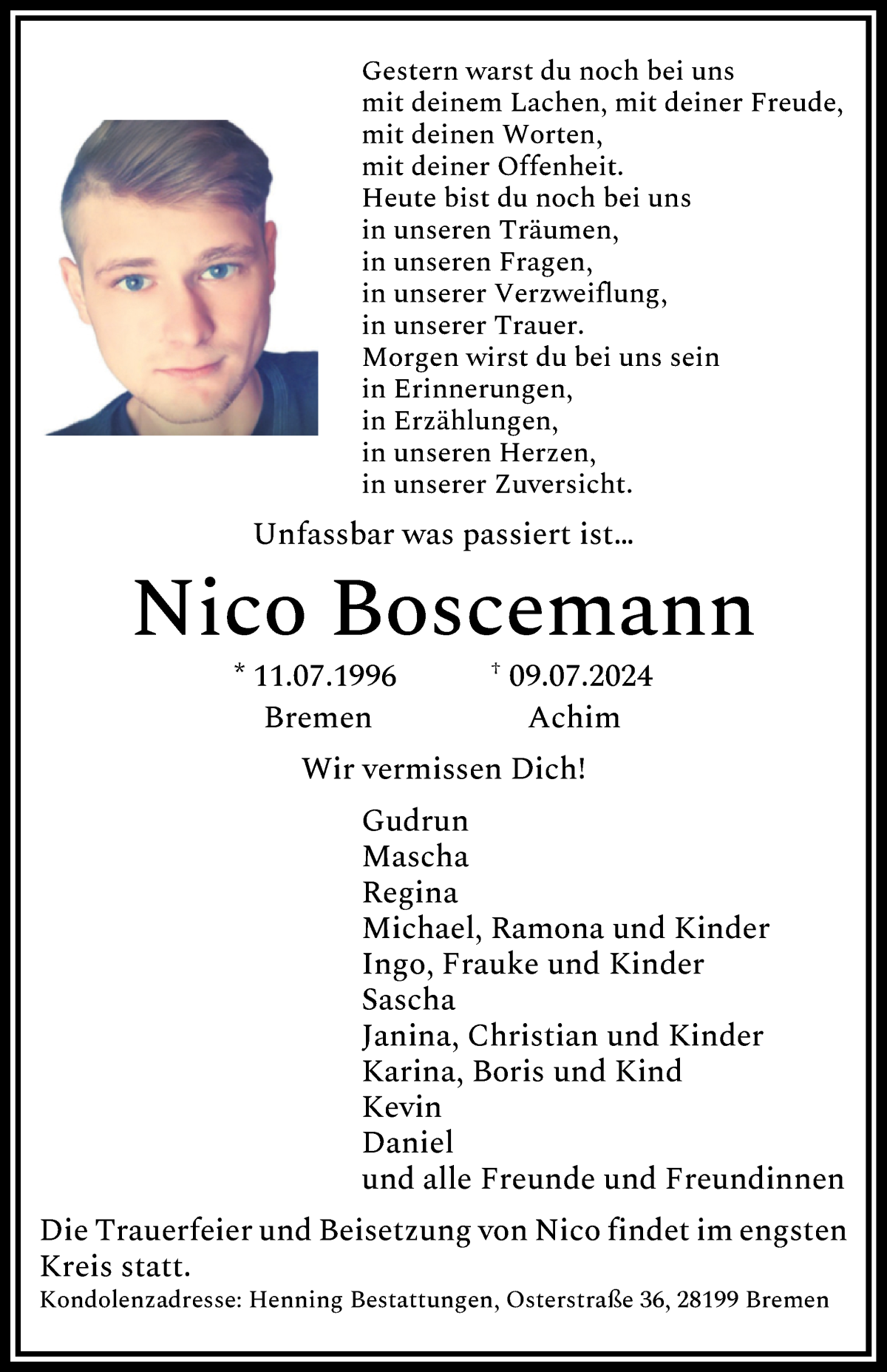  Traueranzeige für Nico Boscemann vom 27.07.2024 aus WESER-KURIER