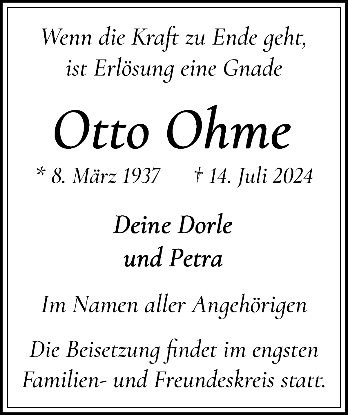 Traueranzeige von Otto Ohme von WESER-KURIER