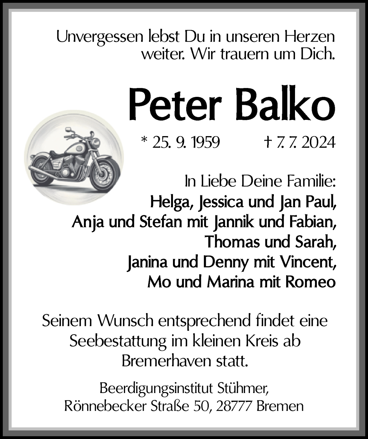  Traueranzeige für Peter Balko vom 27.07.2024 aus WESER-KURIER