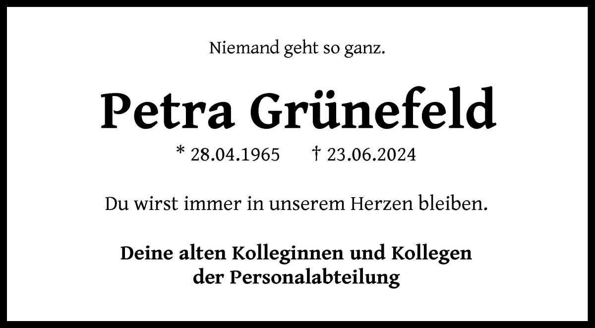  Traueranzeige für Petra Grünefeld vom 06.07.2024 aus WESER-KURIER