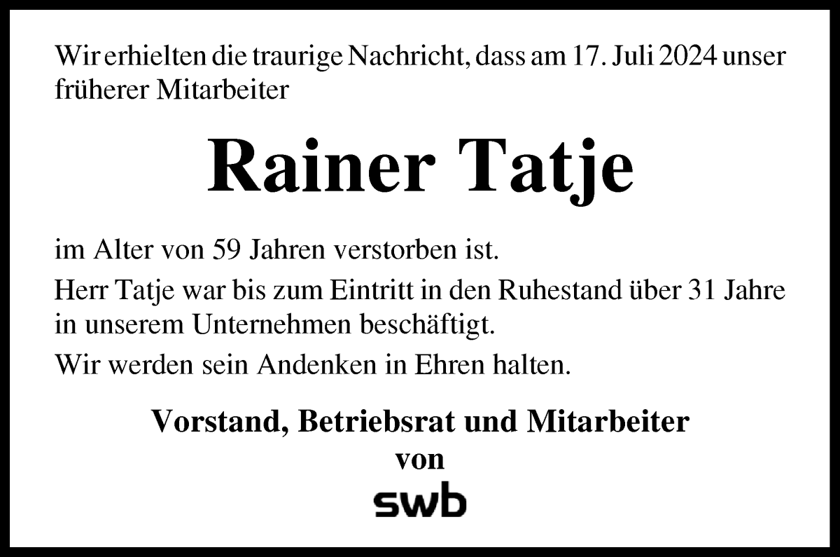  Traueranzeige für Rainer Tatje vom 27.07.2024 aus WESER-KURIER