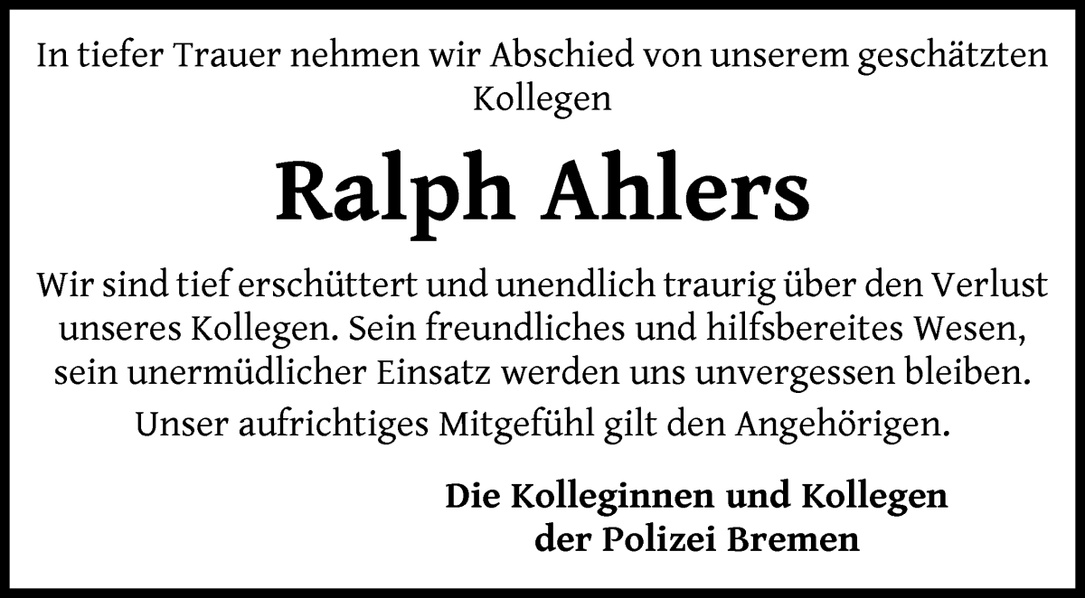  Traueranzeige für Ralph Ahlers vom 06.07.2024 aus WESER-KURIER