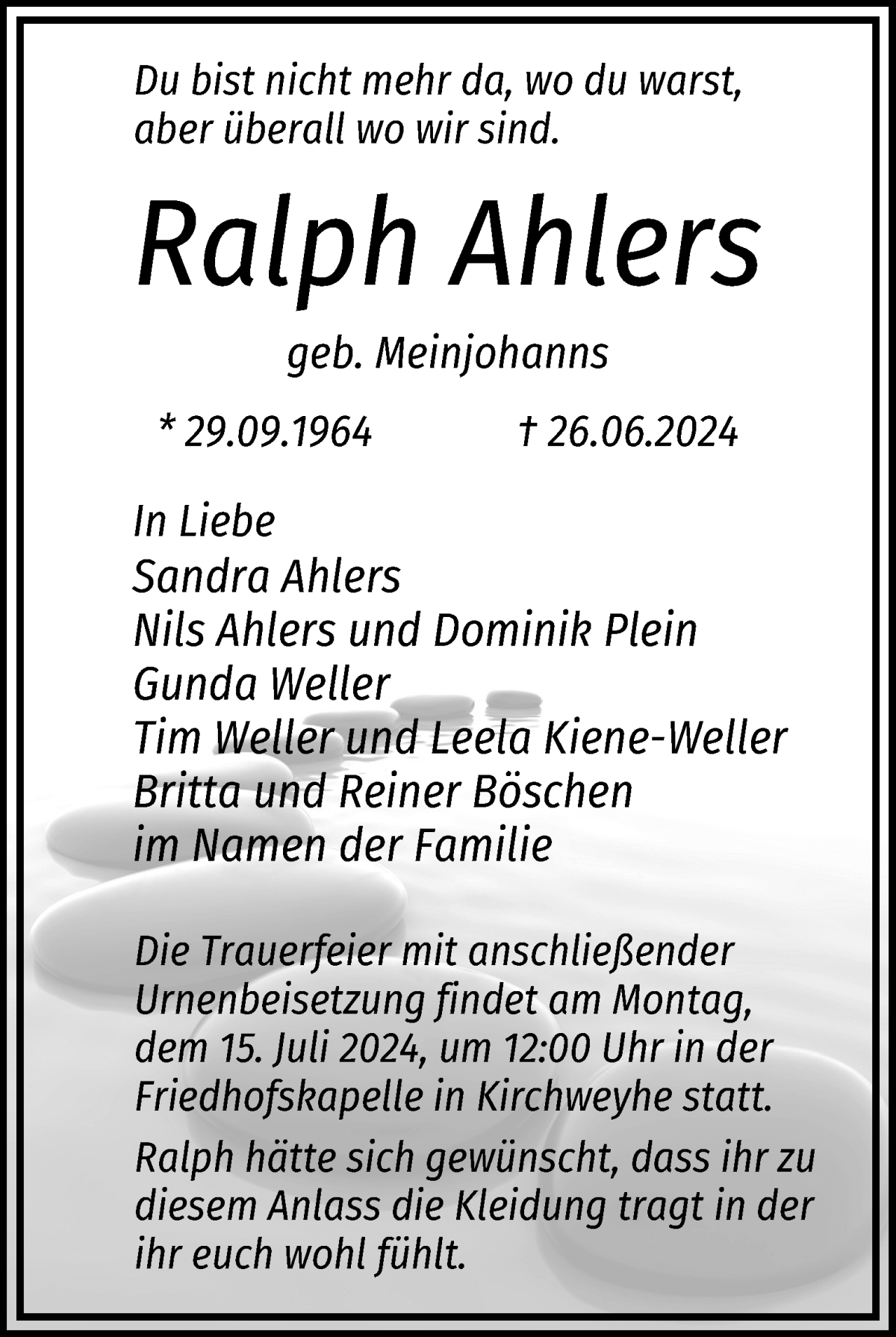  Traueranzeige für Ralph Ahlers vom 06.07.2024 aus WESER-KURIER