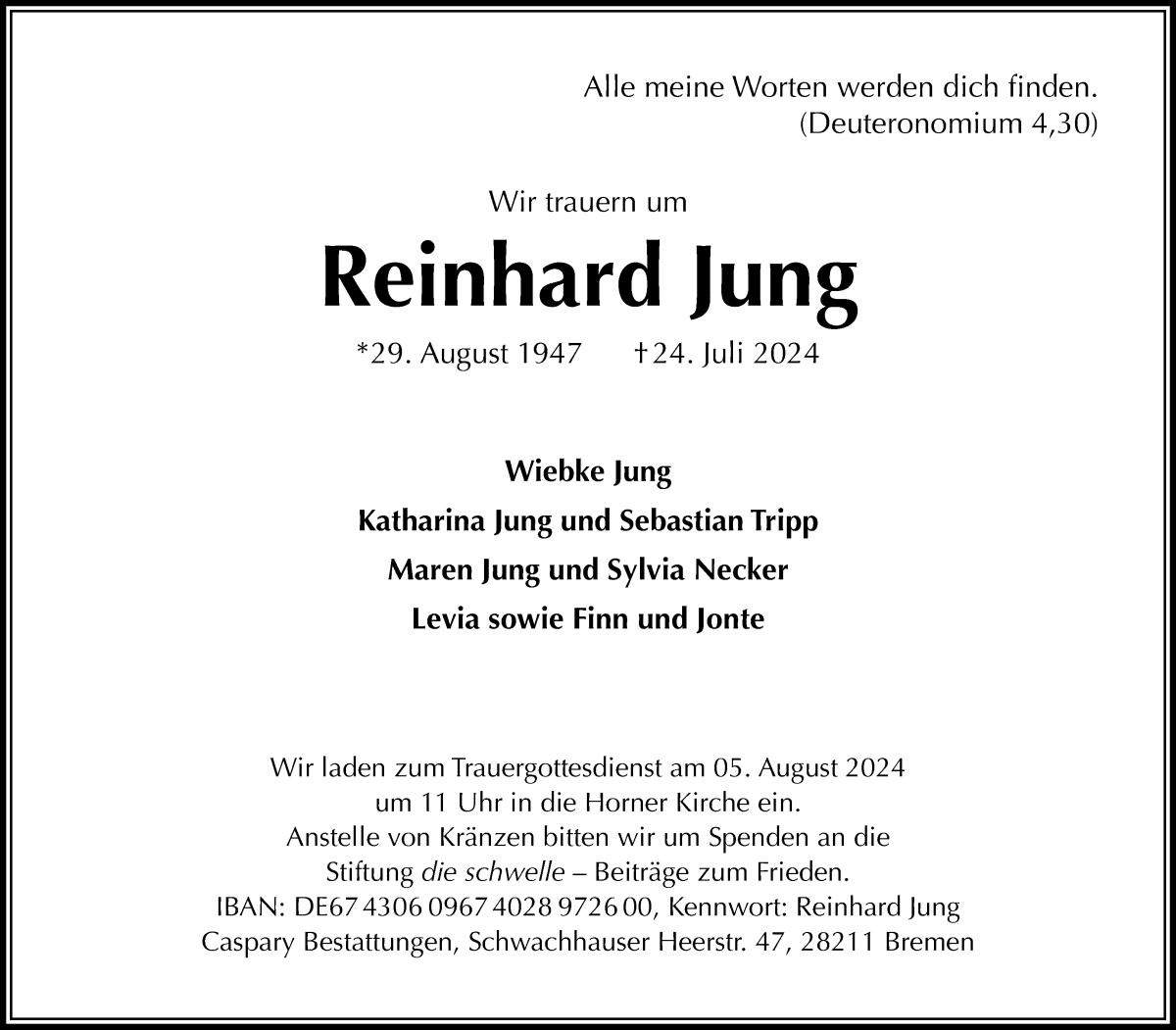 Traueranzeige von Reinhard Jung von WESER-KURIER