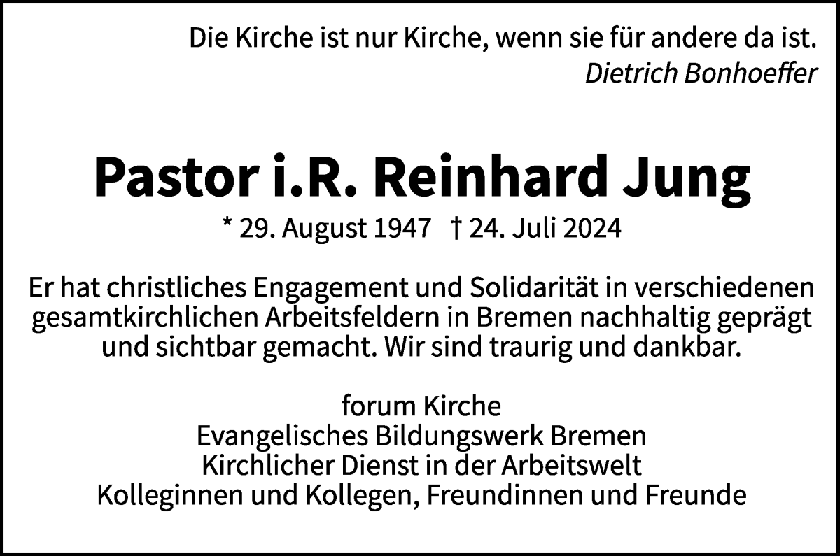 Traueranzeige von Reinhard Jung von WESER-KURIER