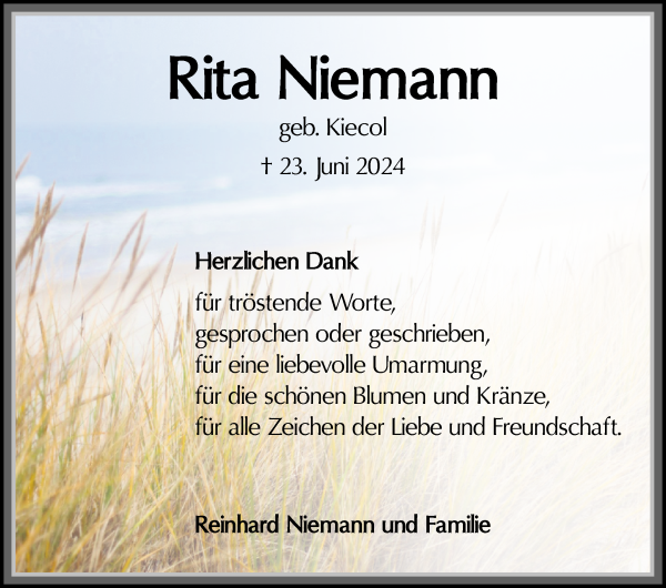 Traueranzeige von Rita Niemann von Die Norddeutsche