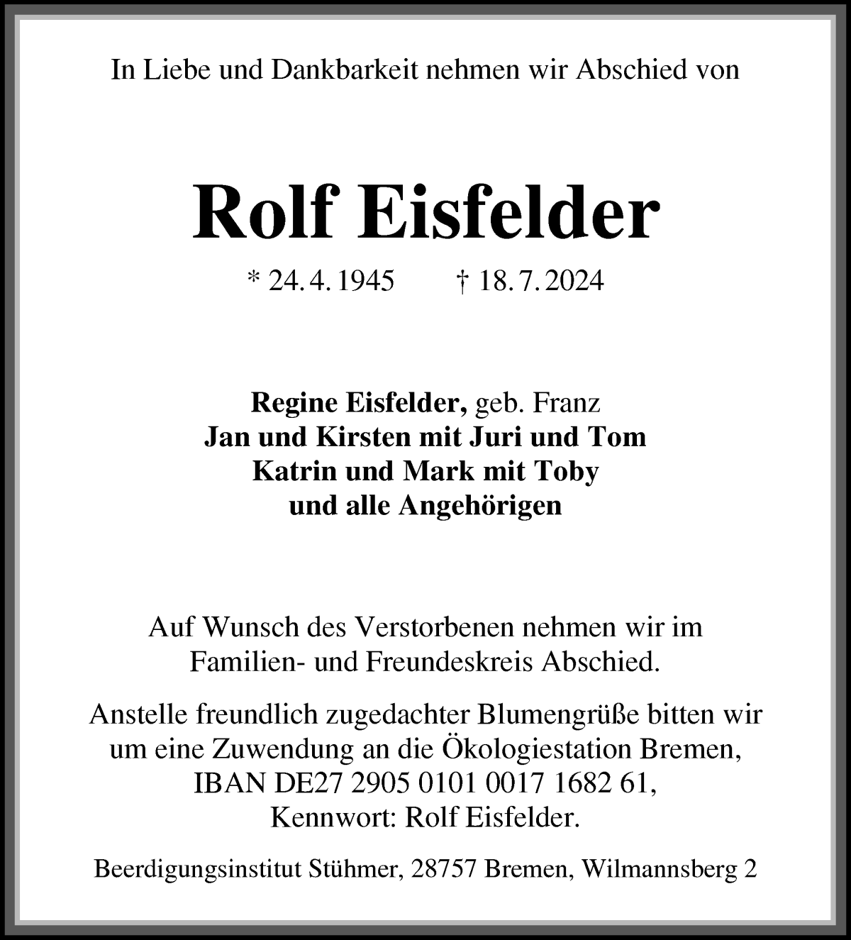 Traueranzeige von Rolf Eisfelder von Die Norddeutsche