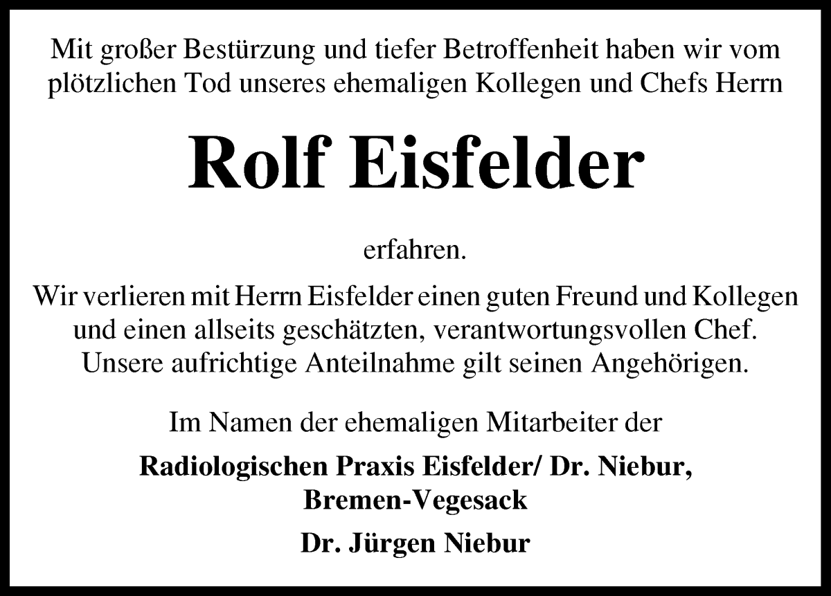 Traueranzeige von Rolf Eisfelder von Die Norddeutsche