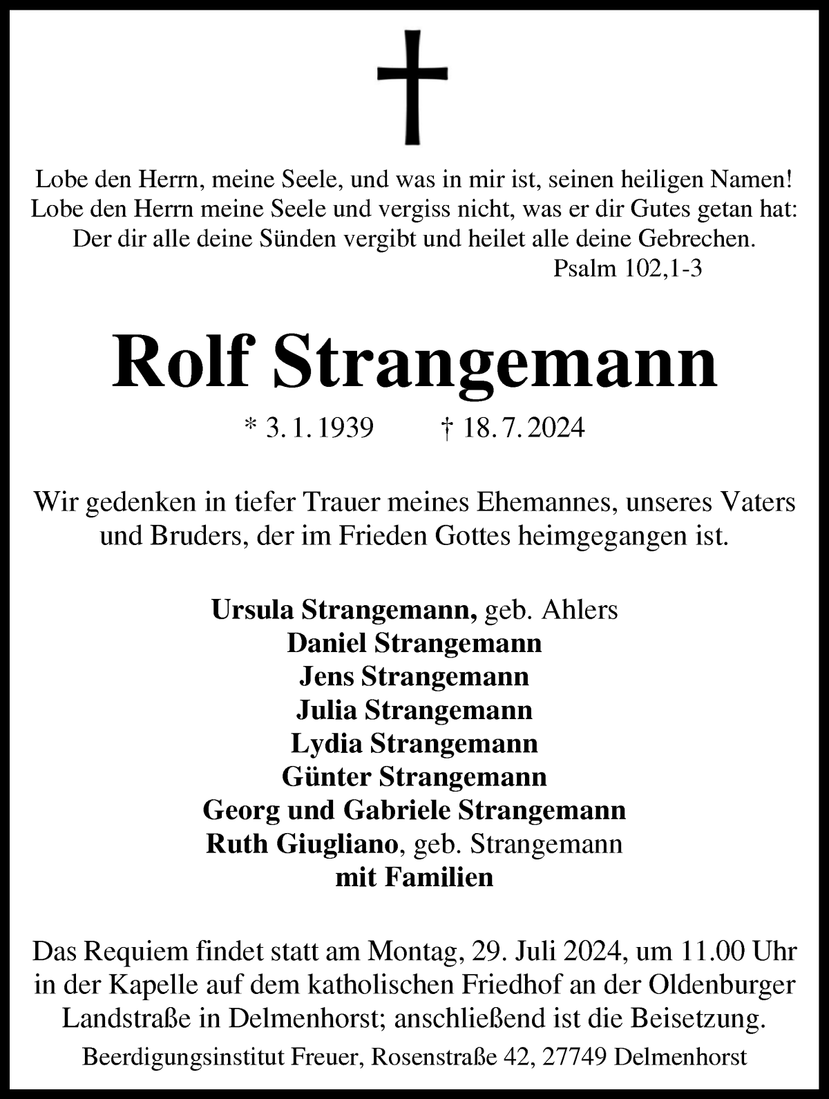 Traueranzeige von Rolf Strangemann von WESER-KURIER