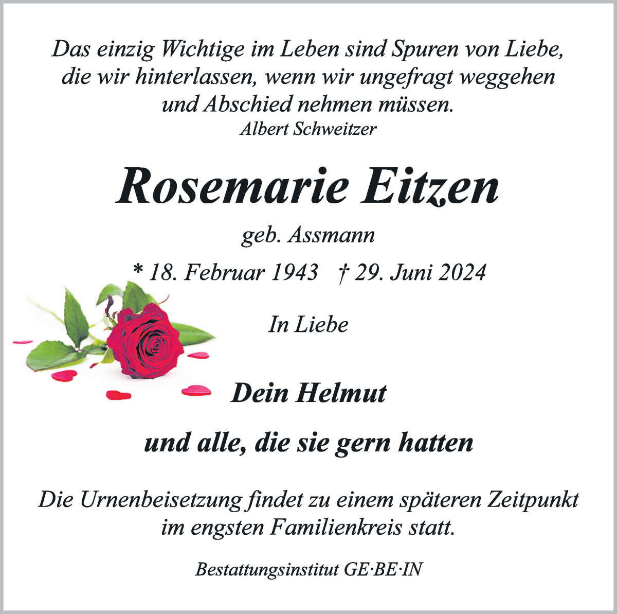 Traueranzeige von Rosemarie Eitzen von WESER-KURIER