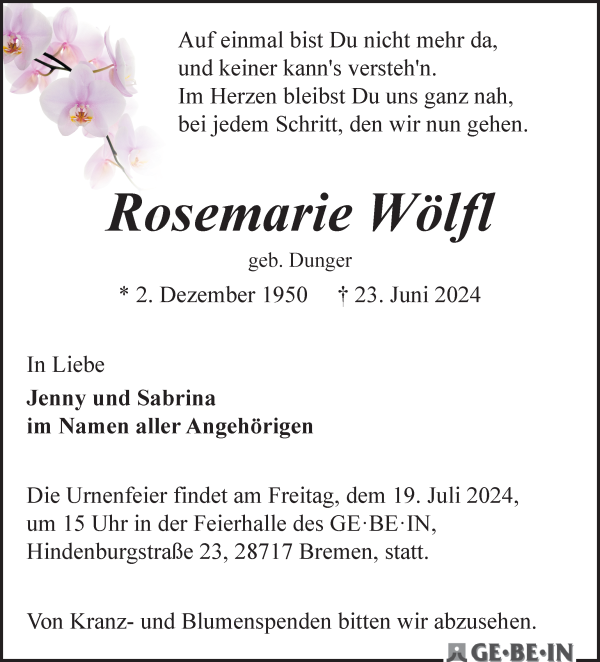 Traueranzeige von Rosemarie Wölfl von WESER-KURIER