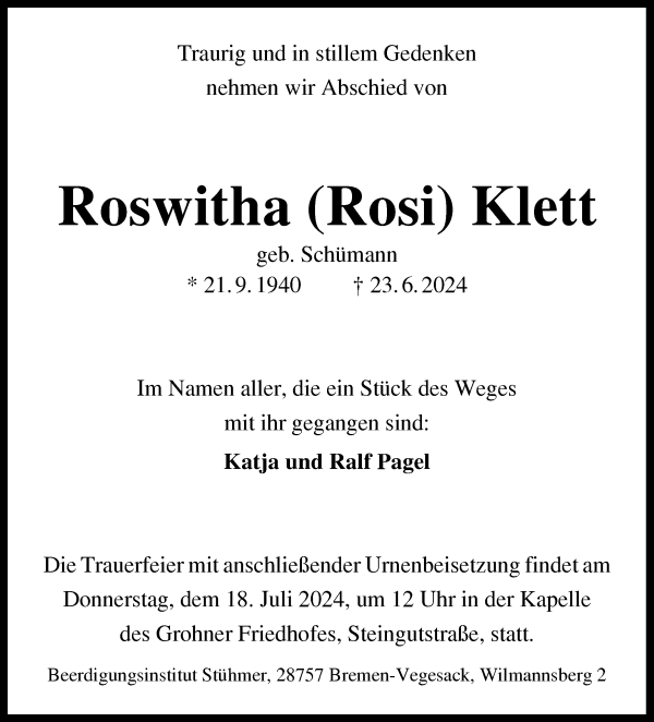 Traueranzeige von Roswitha Klett von Die Norddeutsche