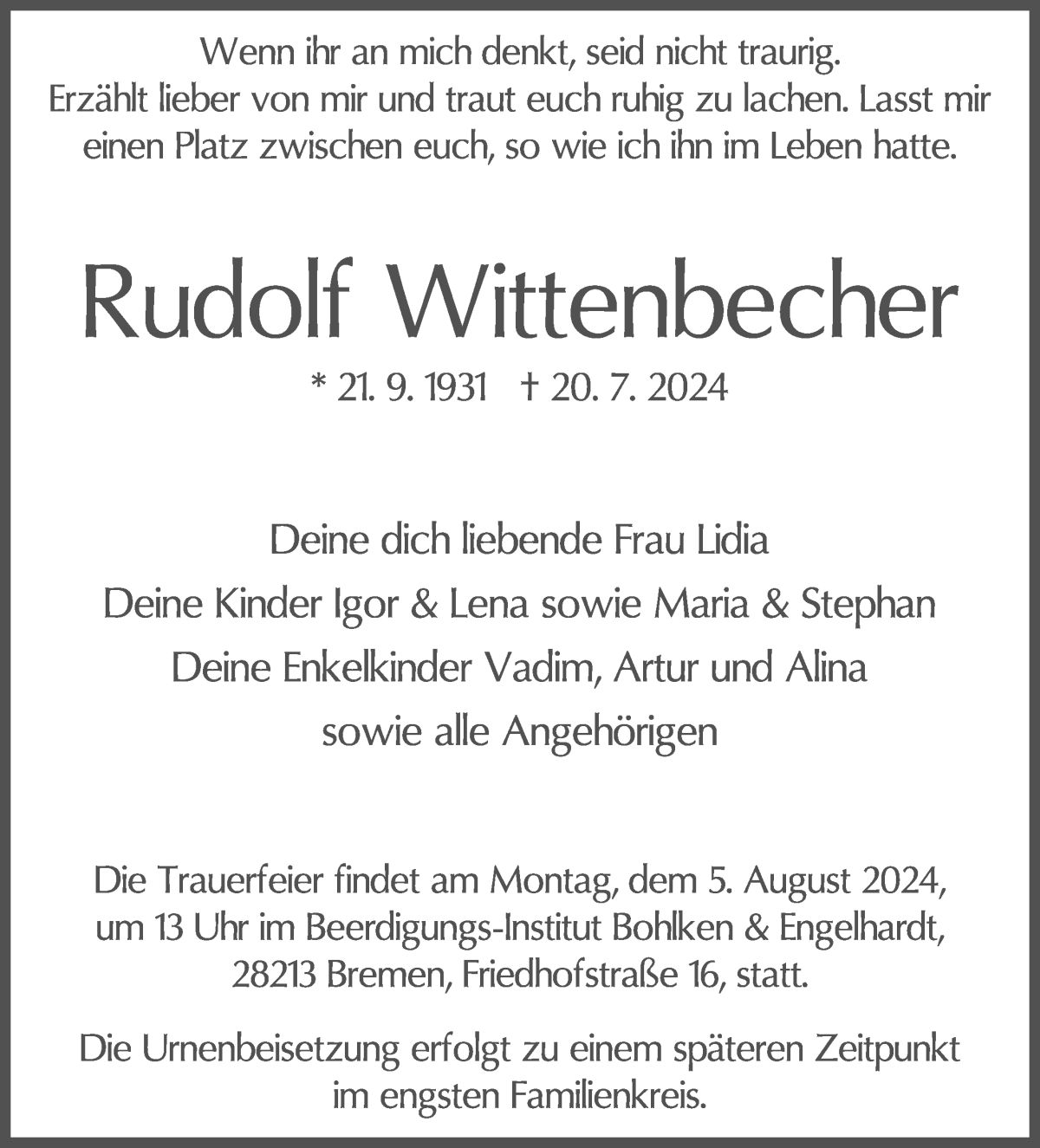 Traueranzeige von Rudolf Wittenbecher von WESER-KURIER