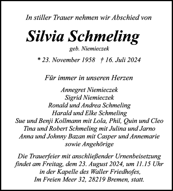 Traueranzeige von Silvia Schmeling von WESER-KURIER