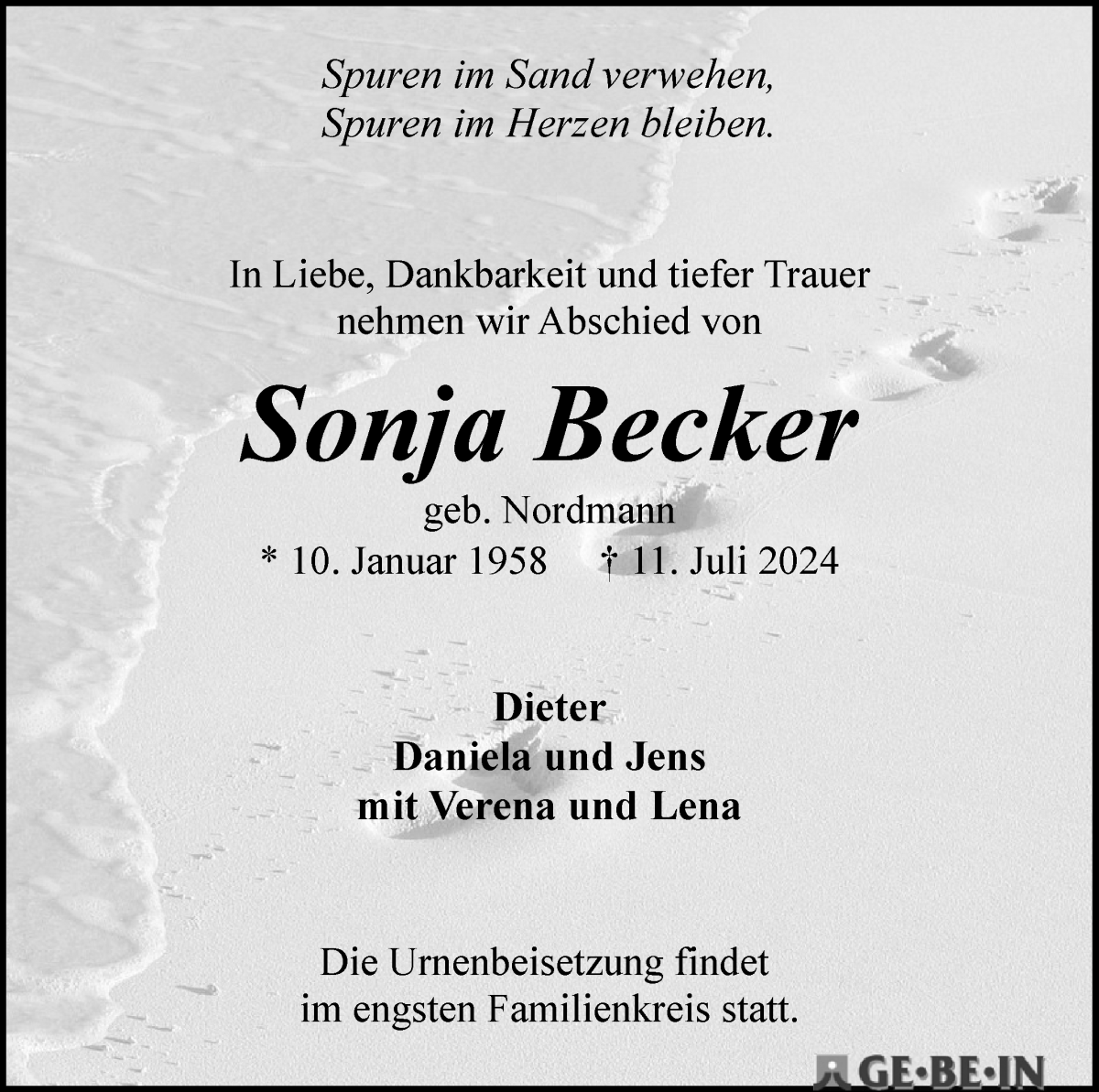  Traueranzeige für Sonja Becker vom 20.07.2024 aus WESER-KURIER