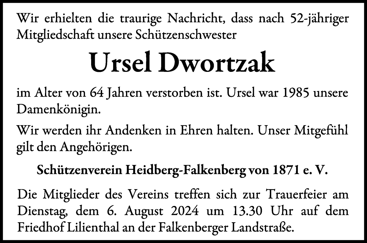  Traueranzeige für Ursel Dwortzak vom 13.07.2024 aus Wuemme Zeitung