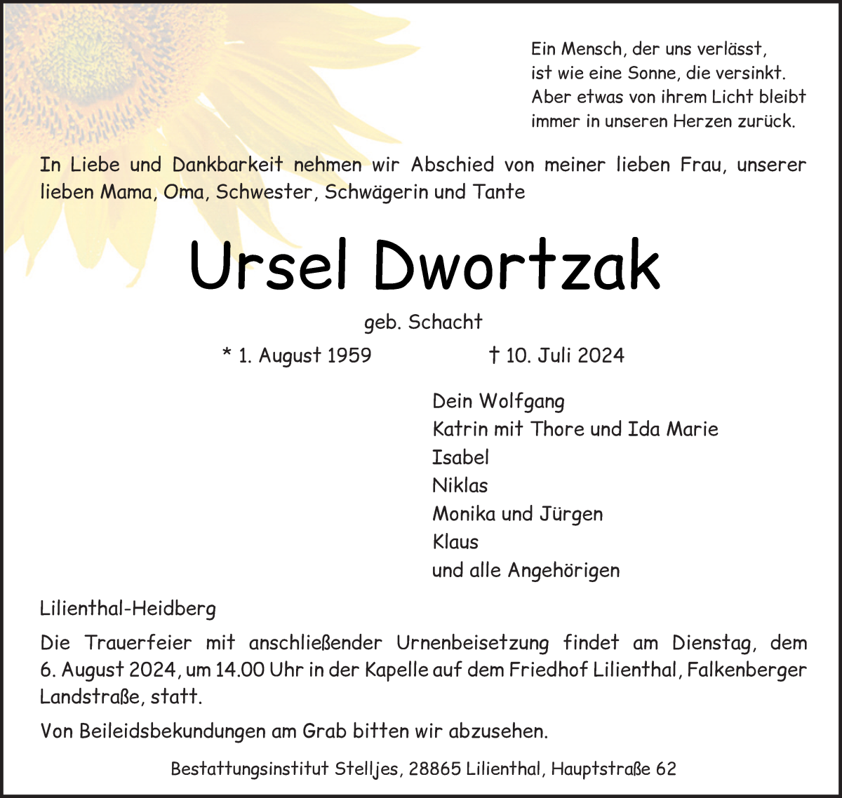  Traueranzeige für Ursel Dwortzak vom 13.07.2024 aus Wuemme Zeitung