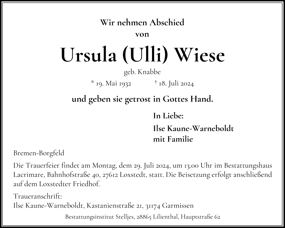 Traueranzeige von Ursula Ulli Wiese von WESER-KURIER